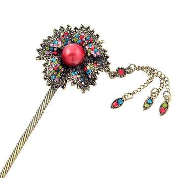 Antique Brass Finish Rhinestone Flower Hair Stick with Pearl and Tassels